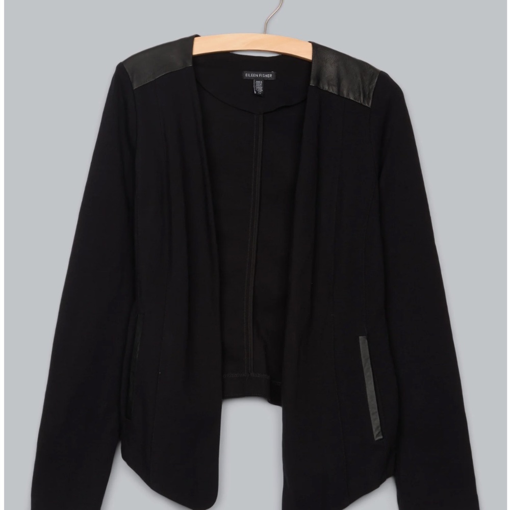 Eileen Fisher Black Leather & Viscose Stretch Ponte Jacket ~ Petite Small